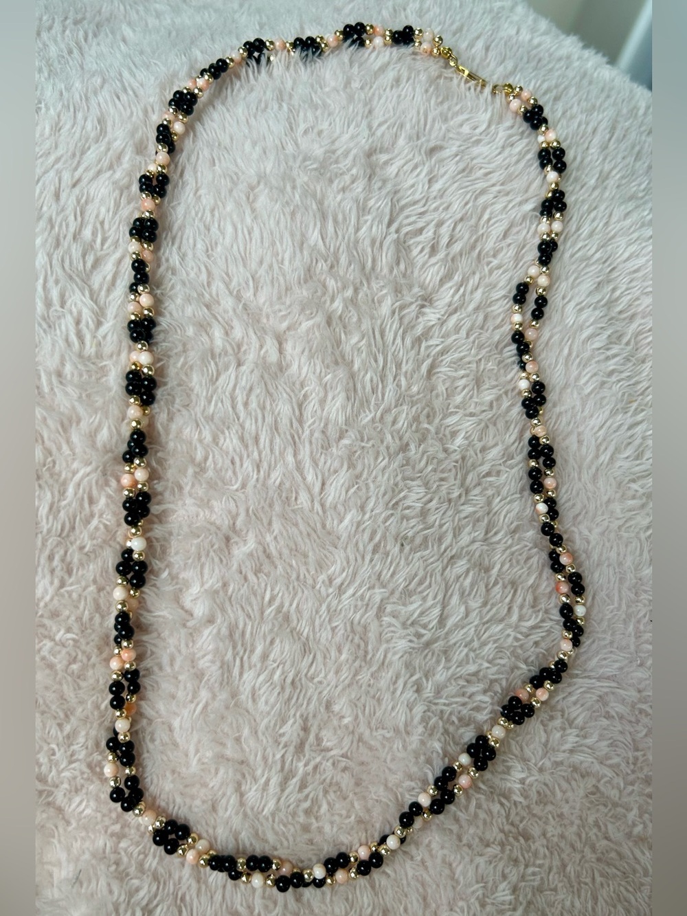 VTG 80s Genuine Black Onyx & Pink Angel Skin Coral Multi Strand Torsade Necklace